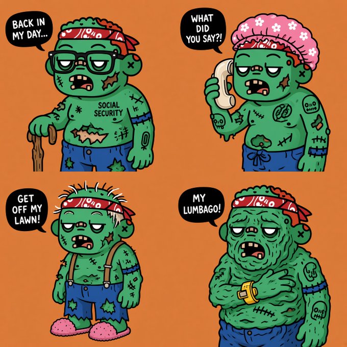 A four-panel cartoon shows a grumpy green zombie character wearing a red bandana, with speech bubbles reading "BACK IN MY DAY...", "WHAT DID YOU SAY?!", "GET OFF MY LAWN!", and "MY LUMBAR!", featuring tattoos including one that says "SOCIAL SECURITY" and another reading "0/10 GOTCHAS." The image fits the "@psych_nft" reference by depicting an irritable, aging zombie character whose complaining dialogue reflects the grumpy, confrontational personality traits commonly associated with Psych NFT's humor style.