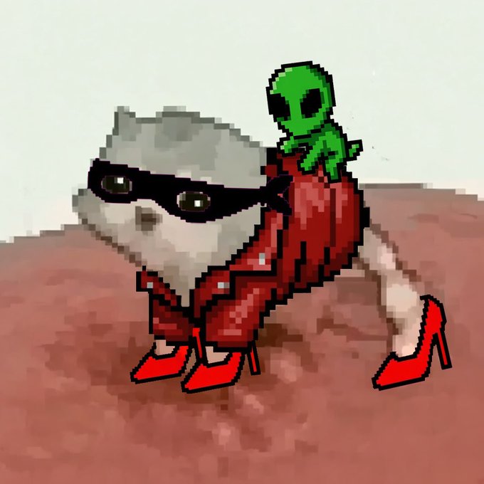 An AI-generated image of a fluffy gray cat wearing black sunglasses, a red outfit, and red high heels, with a green pixelated alien riding on its back across a reddish landscape.