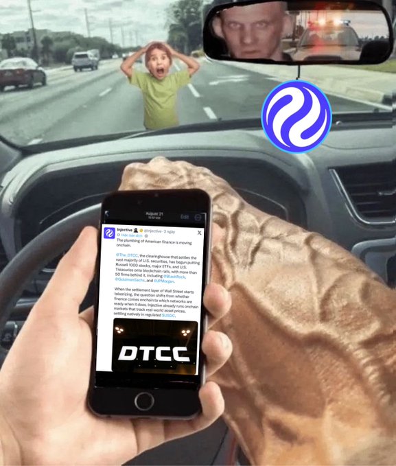 A surreal collage showing a hairy hand holding a phone displaying a DTCC tweet about the U.S. Treasury settling the debt ceiling, while a child stands distressed on a highway seen through a windshield and a stern face appears in the rearview mirror.