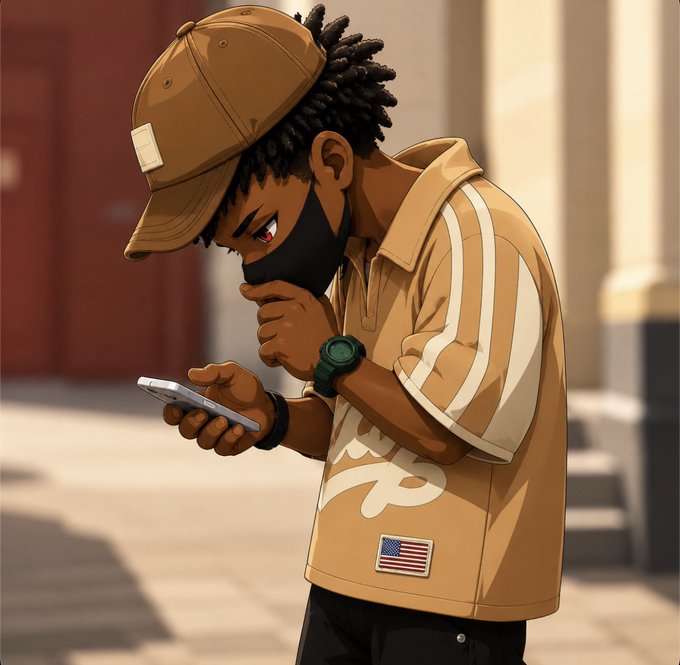 An anime-style illustration of a man in a tan cap, face mask, and matching shirt with an American flag patch, intently looking at his smartphone on a city street.