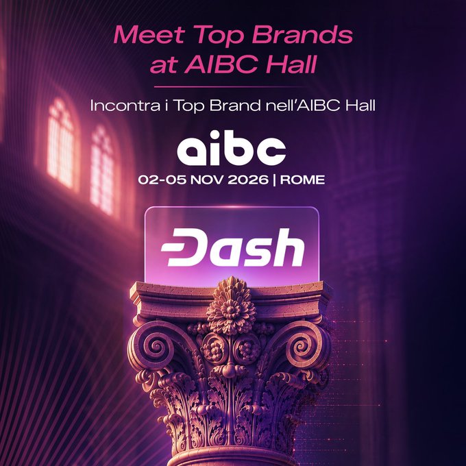 A promotional poster reading 'Meet Top Brands at AIBC Hall / Incontra i Top Brand nell'AIBC Hall' with the AIBC logo, dates '02-05 NOV 2026 | ROME', and a glowing 'Dash' sign atop an ornate column.