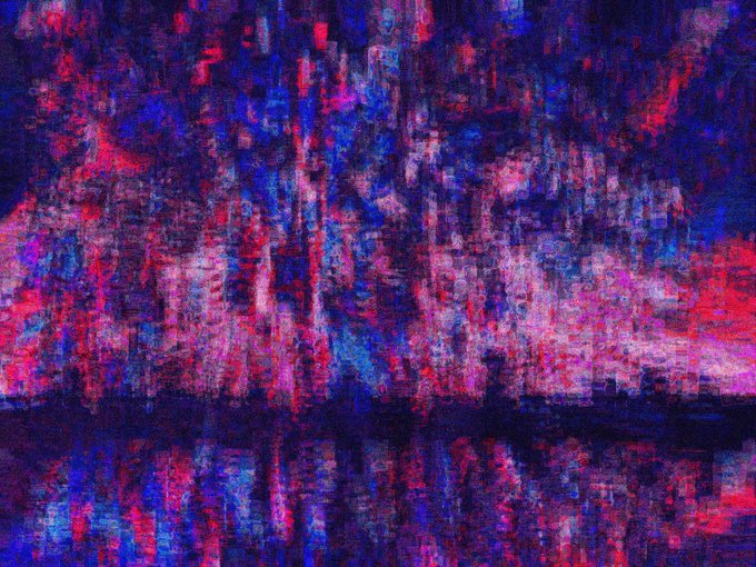 An abstract impressionist painting with vibrant blue, red, pink, and purple hues depicting a city skyline reflecting on water.