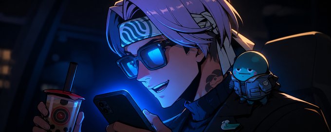 An anime-style illustration of a character with purple hair and glowing blue glasses looking at a phone, accompanied by a small astronaut figure on their shoulder.