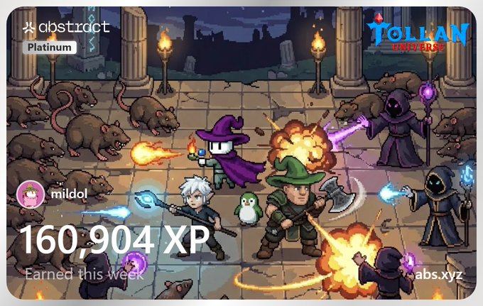 The image features a cartoon-style scene with a group of characters, including wizards, witches, and other magical beings, engaged in combat or fighting each other. The characters are armed with various weapons such as swords, bows, and shields. In addition to the characters, there is also a large number of mice scattered throughout the scene, possibly representing the enemy forces. 

The post includes text that reads "Happy XP day @AbstractChain @AbsTVx @TollanUniverse 1k marbles @onchainheroes 1ton Cookies @Onchainchemists Alpha always brings lots of XP Diamond here we come!". The post also mentions a hashtag, "#HappyXPday", which is likely related to the game or character in the image.