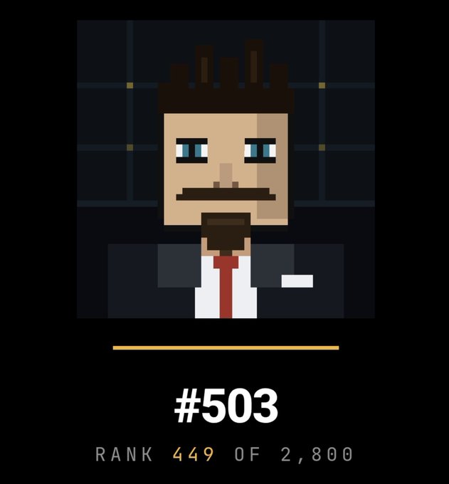 A pixel art character portrait of a man with brown hair, a beard, and a red tie, labeled '#503 RANK 449 OF 2,800'.