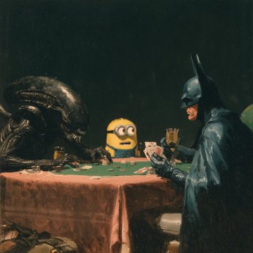 A surreal painting showing Batman, a Xenomorph (alien), and a Minion playing cards together around a table.