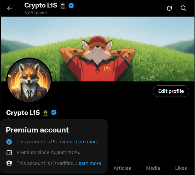 A Twitter/X profile page for 'Crypto L1S' featuring a fox mascot in a red shirt, marked as a Premium account since August 2026 and ID verified.