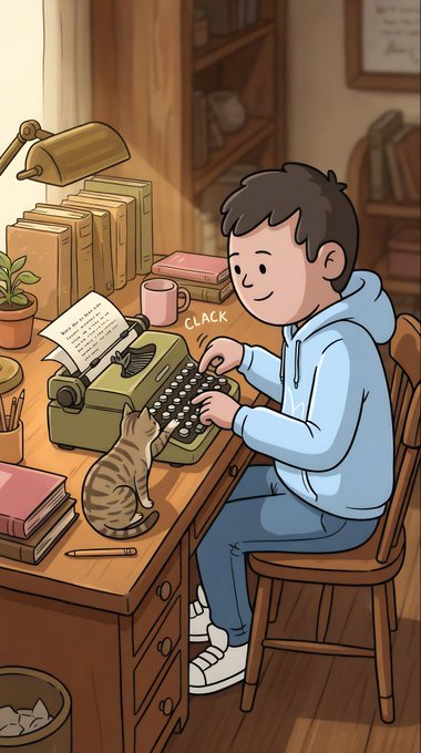 The image features a young boy sitting at a desk with an old typewriter, typing away while a cat sits next to him. The scene takes place during the day, as indicated by the time stamp of 1:00 PM. The boy is wearing a blue hoodie and white shoes, giving off a casual and relaxed atmosphere. The image also includes several books scattered around the desk, suggesting that the boy might be working on a creative project or writing story.