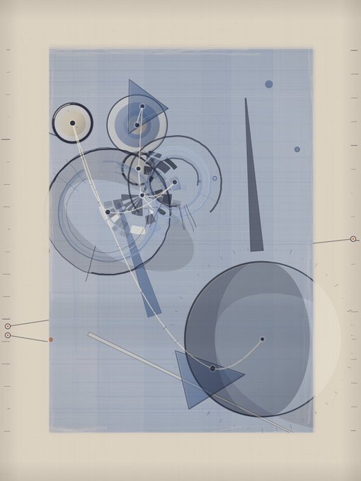 An abstract blueprint-style artwork on graph paper with overlapping blue circles, triangles, and geometric shapes connected by thin lines and measurement marks.