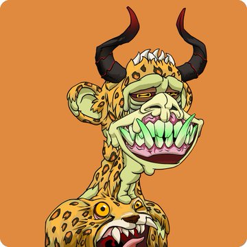 A digital illustration of a monstrous creature with yellow spotted skin, sharp teeth, curved black horns, and multiple eyes on its chest, set against an orange background.