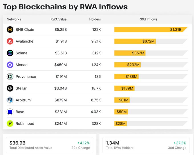 A data table titled 'Top Blockchains by RWA Inflows' ranks networks including BNB Chain ($5.25B, $1.31B 30d inflows), Avalanche ($1.91B, $672M), Solana ($3.51B, $357M), Monad ($450M, $232M), Provenance ($191M, $188M), Stellar ($3.04B, $139M), Arbitrum ($879M, $81M), Base ($331M, $50M), and Robinhood ($24.1M, $28M), with a total RWA value of $36.9B (+4.12%) and 1.34M holders (+37.2%).