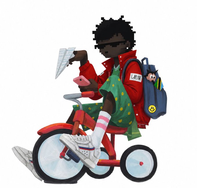 A digital illustration of a young Black character with pixelated hair and sunglasses, wearing a red jacket and green polka-dot dress, holding a paper airplane and phone while sitting on a red tricycle with a blue backpack.