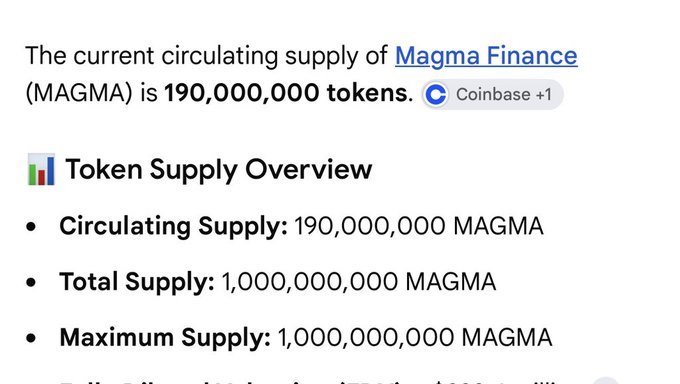 Information about Magma Finance (MAGMA) showing Circulating Supply: 190,000,000, Total Supply: 1,000,000,000, and Maximum Supply: 1,000,000,000 tokens.
