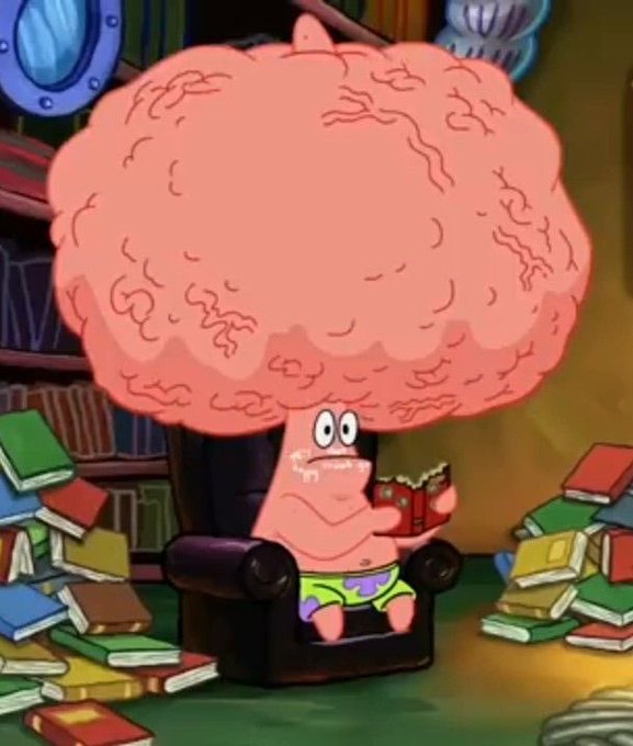 Patrick Star from SpongeBob SquarePants depicted with an enlarged, wrinkled brain, sitting in a chair reading a book.