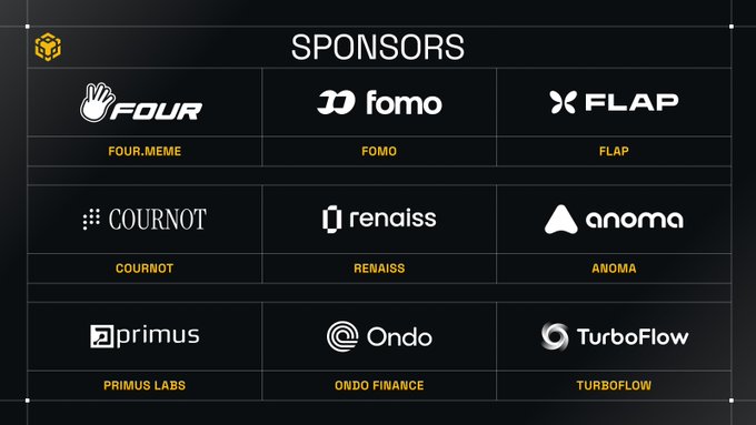 A dark sponsor board featuring logos of BNB Chain ecosystem projects (Four.Meme, Fomo, Flap, Cournot, Renaiss, Anoma, Primus Labs, Ondo Finance, and TurboFlow) in a grid layout. The image highlights Four.Meme as one of the sponsors backing BNB Seoul, aligning with the post's announcement of Four.Meme joining the event in Seoul on October 2.
