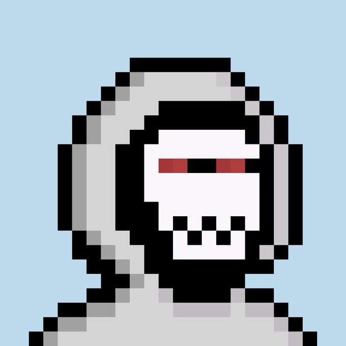 A pixel-art character with a white skull face, red glowing eyes, and a black and grey hooded outfit against a light blue background.