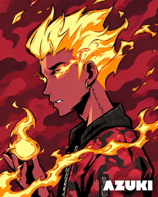 A stylized illustration shows a profile view of a character with fiery yellow-orange flames for hair and a glowing flame in their hand, set against a dark red smoky background, with the "AZUKI" logo in the bottom right corner.

The fiery aesthetic of the character complements the "IKZ" theme, evoking intensity and energy that aligns with Azuki's bold streetwear branding.