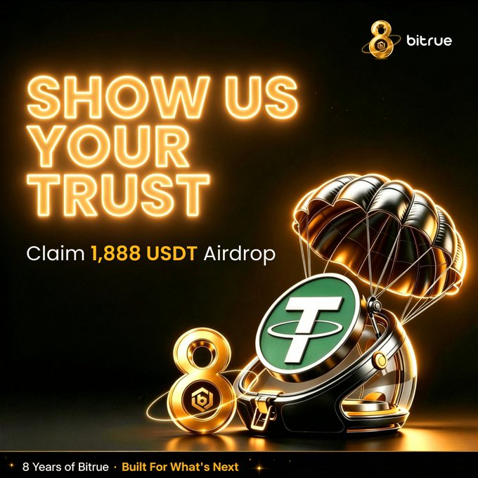 A Bitrue promotional graphic celebrating their 8th anniversary invites users to claim a 1,888 USDT airdrop by following, liking, commenting, and tagging friends. The neon-lit design features a golden parachute delivering a green Tether (USDT) coin alongside the Bitrue "8" anniversary logo, reinforcing the crypto giveaway theme.