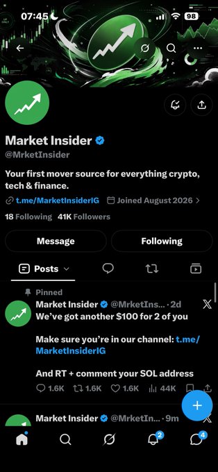 A screenshot of a Twitter/X profile for 'Market Insider' (@MrketInsider), described as 'Your first mover source for everything crypto, tech & finance,' with 41K followers and a pinned post about giving away $100 to 2 people.