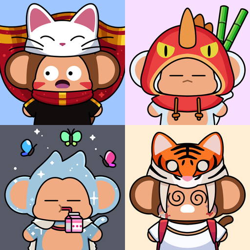 A colorful four-panel cartoon illustration displays chibi-style monkey characters dressed as a cat, an oni, an ice creature, and a tiger.