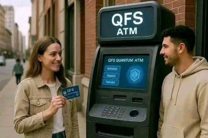 A smiling woman holding a QFS card stands next to a man in front of a "QFS ATM" with options for Withdraw, Deposit, and Transfer.