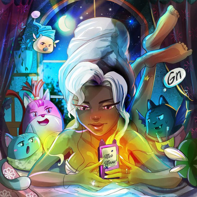 An anime-style illustration depicts a white-haired character surrounded by colorful cat-like creatures in a mystical setting, with a speech bubble reading 'Gn' and a note saying 'Mar Meow'.