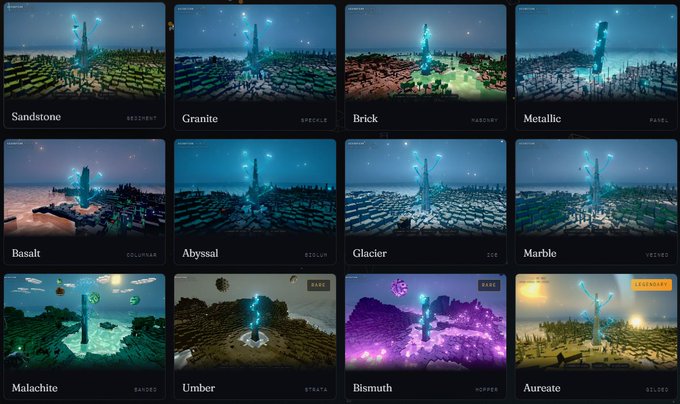 A grid displaying various environmental biomes or resources such as Sandstone, Granite, Brick, Metallic, Basalt, Abyssal, Glacier, Marble, Malachite, Umber, Bismuth, and Aureate, each featuring a glowing tree-like structure in a different landscape setting.