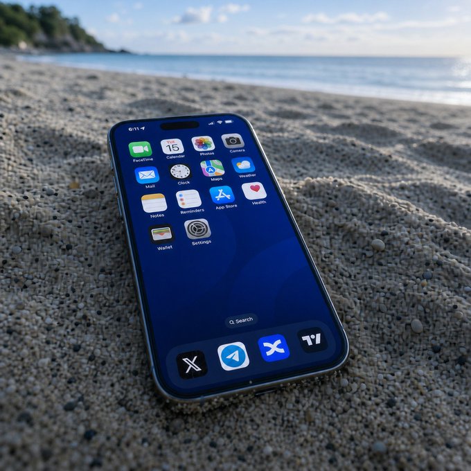An iPhone (showing 6:11 time and apps like FaceTime, Photos, Health, Wallet) rests in coarse sand on a beach, with the ocean and sky visible in the background—evoking the "dock" referenced in the post through the row of docked apps at the bottom of the screen (X, Telegram, another X, and TV).