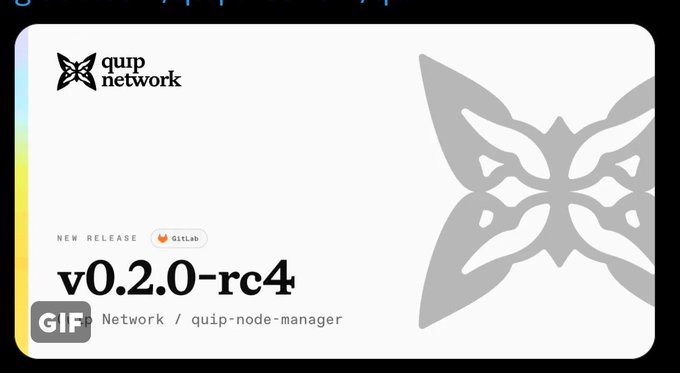 The image features a white square card with a butterfly design on it. The text "quip network" is written at the top of the card, while "0.2 0-0.44" is below it. Below that, there are two lines of text discussing the release of a new version of the Gif Network tool and how to use it.