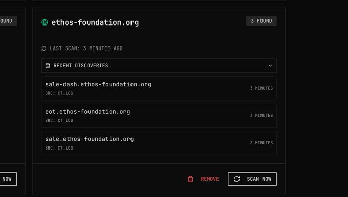 A screenshot shows a domain scan tool with "3 FOUND" displayed for ethos-foundation.org, listing recent discoveries including "sale-dash.ethos-foundation.org," "eot.ethos-foundation.org," and "sale.ethos-foundation.org." The "sale" subdomains detected in the scan appear to relate to an upcoming token sale, potentially tied to XP burning for discounts or allocations as mentioned in the post.