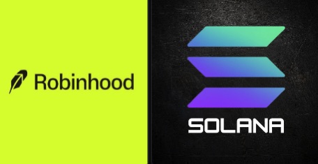 A split image displays the green Robinhood logo on the left and the purple and teal Solana (SOL) logo on the right against a black background.