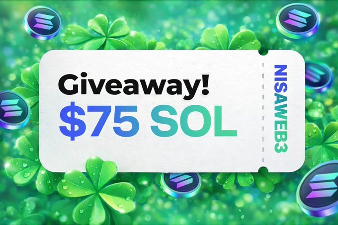 A promotional graphic featuring a white ticket reading "Giveaway! $75 SOL" and "NISAWEB3" set against a vibrant green background of clovers and Solana (SOL) tokens, advertising a social media giveaway of $75 in SOL to three winners, with instructions to retweet, like, and follow within 48 hours.