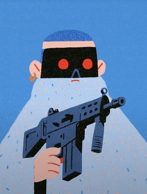 A stylized digital illustration of a person wearing a VR-like headset with glowing red eyes and an earring, holding a black submachine gun against a blue background.
