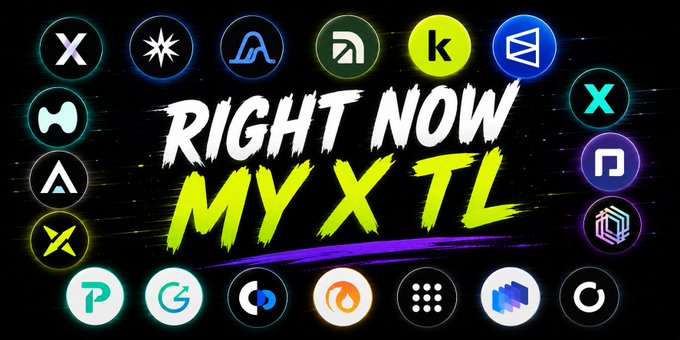 A graphic with bold brushstroke text reading "RIGHT NOW MY X TL" against a dark background, surrounded by circular icons of various cryptocurrency and DeFi platforms (including X, A, K, and P logos) representing the perpetual DEXs and prediction markets flooding the user's X timeline.