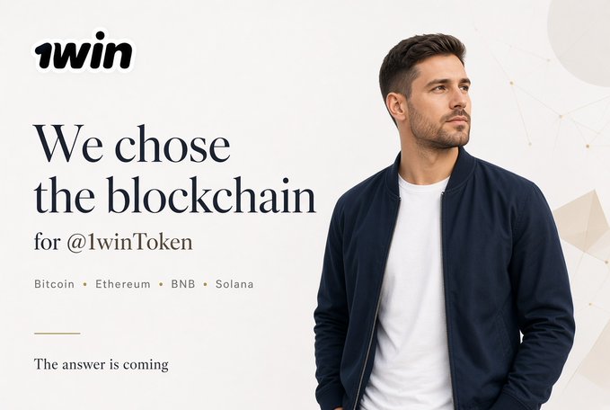 The 1win logo with the text 'We chose the blockchain for @1winToken', listing Bitcoin, Ethereum, BNB, and Solana, alongside a man in a blue jacket. The tagline reads 'The answer is coming'.