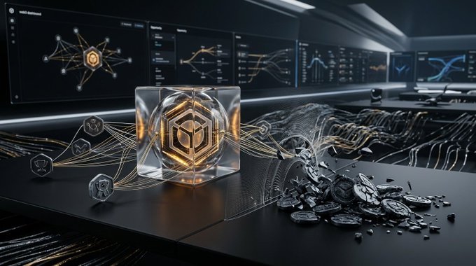 A futuristic digital artwork featuring a glowing golden hexagonal emblem inside a transparent cube, surrounded by data streams and dark screens displaying complex graphs and charts.