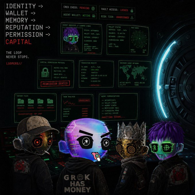 A cyberpunk-style digital artwork showing four characters in front of a vault screen displaying "PERMISSION DENIED" and "CAPITAL: LOCKED," with one character's hoodie reading "GROK HAS MONEY."