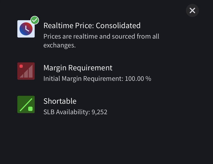 A settings panel displays trading information including 'Realtime Price: Consolidated', 'Margin Requirement: Initial Margin Requirement: 100.00 %', and 'Shortable SLB Availability: 9,252'.