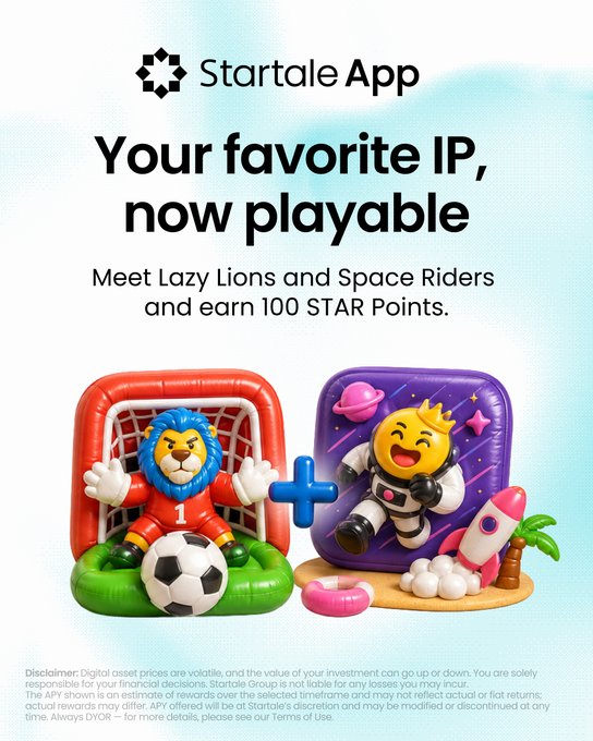 An advertisement for the 'Startale App' reads 'Your favorite IP, now playable' and 'Meet Lazy Lions and Space Riders and earn 100 STAR Points,' featuring 3D cartoon characters in soccer and space themes.