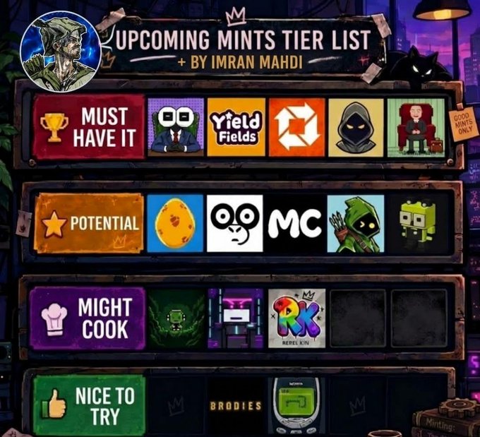 An 'Upcoming Mints Tier List by Imran Mahdi' featuring NFT project logos categorized into tiers: Must Have It, Potential, Might Cook, and Nice to Try.