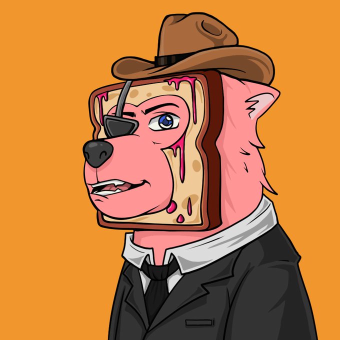 A cartoon illustration of a pink dog-like character wearing a brown cowboy hat and a dark suit, featuring a waffle-patterned face with pink drips.