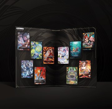 A display case showcases a collection of colorful illustrated trading cards or game cards from ALUKI, arranged against a dark background.