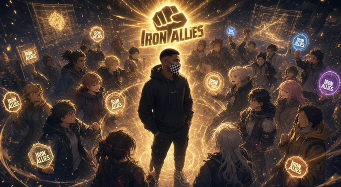 An anime-style illustration featuring a central character in a checkered mask and black hoodie surrounded by a crowd of people holding 'IRON ALLIES' signs and icons.