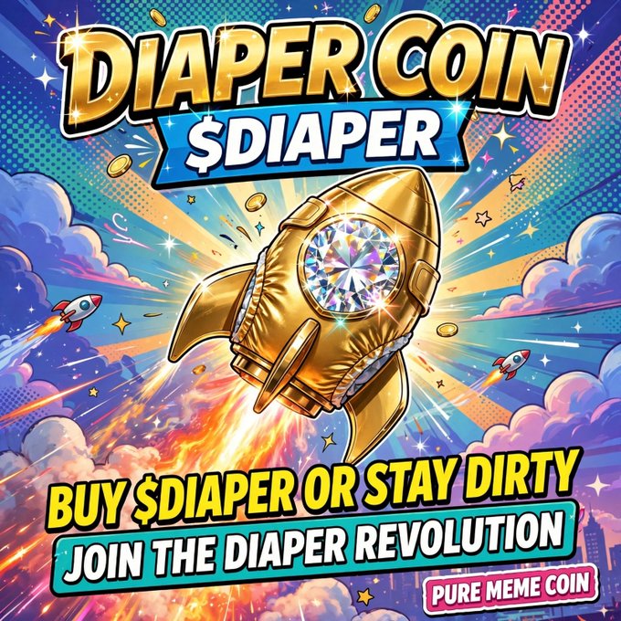 A colorful meme graphic for a cryptocurrency called 'DIAPER COIN ($DIAPER)' featuring a golden rocket made of a diaper and a diamond, with the text 'BUY $DIAPER OR STAY DIRTY' and 'JOIN THE DIAPER REVOLUTION'.
