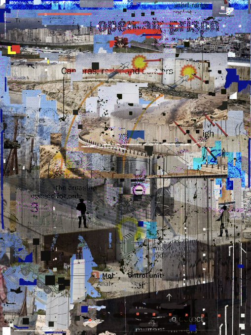 A complex mixed-media collage artwork featuring urban cityscapes, crowds of people, pixelated elements, and overlaid text fragments including 'Cameras, radar, and Sensors' and 'Motion Control Unit'.