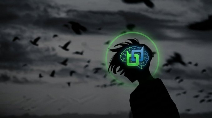 An anime-style silhouette of a figure with a glowing green circular logo and brain design over the head, set against a dark sky with crows.