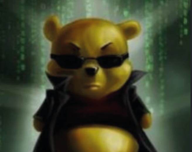 A 3D animated bear wearing black sunglasses and a dark coat stands in a green-lit, futuristic setting.
