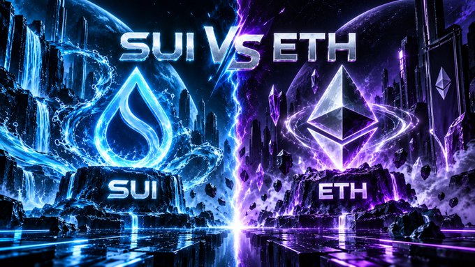 A vibrant digital artwork comparing two cryptocurrencies, displaying 'SUI VS ETH' with the SUI water drop logo on the left in blue tones and the Ethereum diamond logo on the right in purple tones.