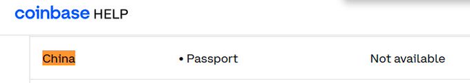 The image is a screenshot from Coinbase Help showing that China is listed as a region with "Passport" as the verification document, but marked "Not available." This appears to contradict the post's claim, which states that Coinbase had opened registration and verification for users in China.