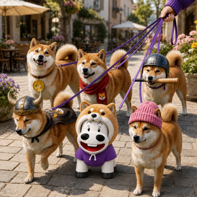 Five Shiba Inu dogs are walked on purple leashes in a cobblestone plaza, with one wearing a viking helmet, another a pink beanie, and a small cow costume placed in front of them.